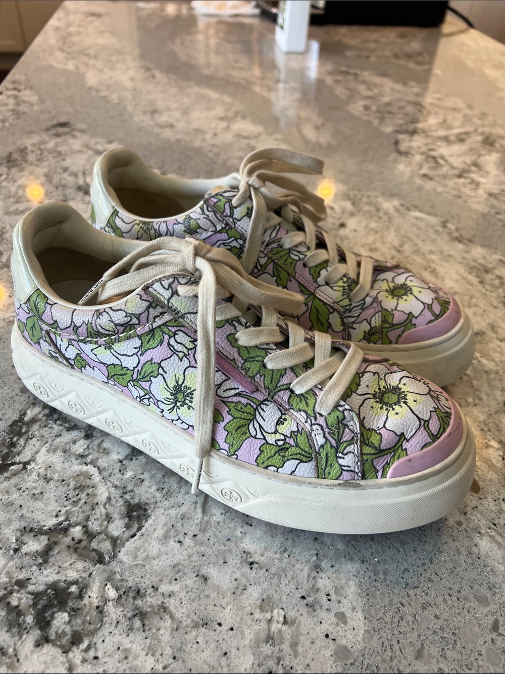 Tory Burch Ladybug Leather Platform Sneakers Purple Floral Size 8 EUC